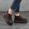 Johnature Retro Handmade Woven Genuine Leather Ankle Boots Women's Platform Shoes
