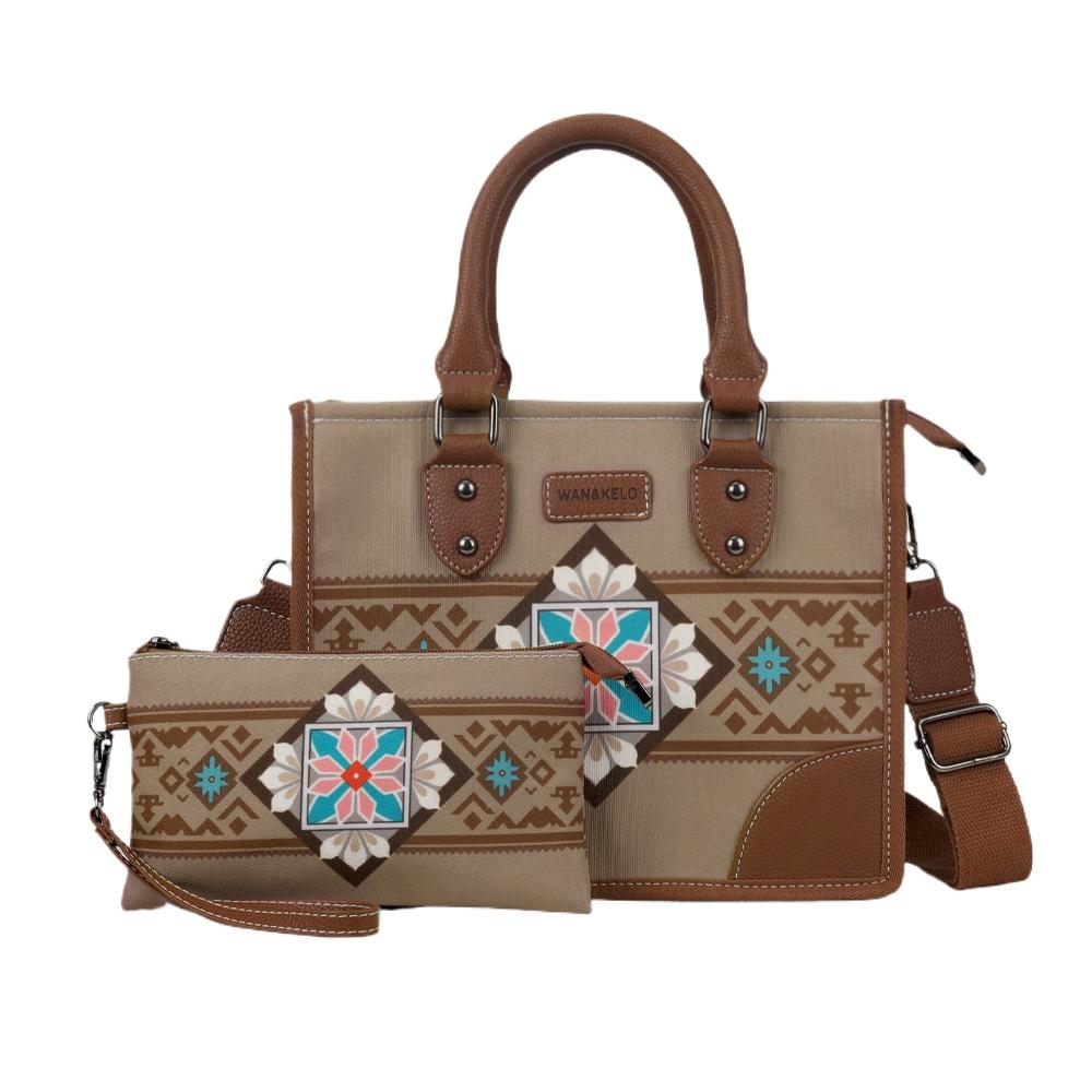 New Ethnic Style Bohemian Women's Bag Sets Retro Canvas Horizontal Square Female Tote Bag Fashion Printing Portable Ladies Messenger Bag with Wallet