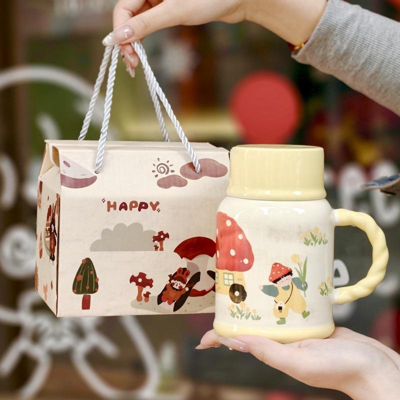 Cute high-value milk fufu kettle girls large-capacity ceramic mug with lid spoon birthday gift souvenir