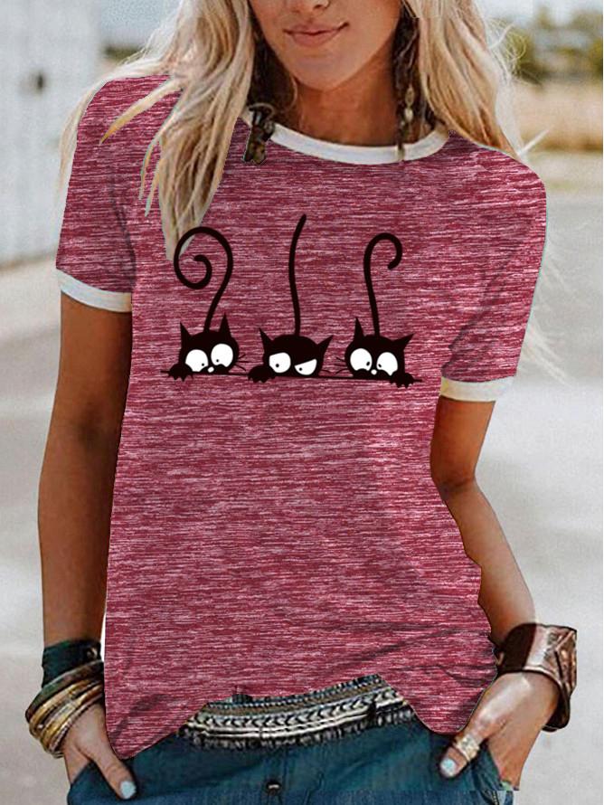 

Женская забавная футболка с принтом кошки и контрастной отделкой, с коротким рукавом S