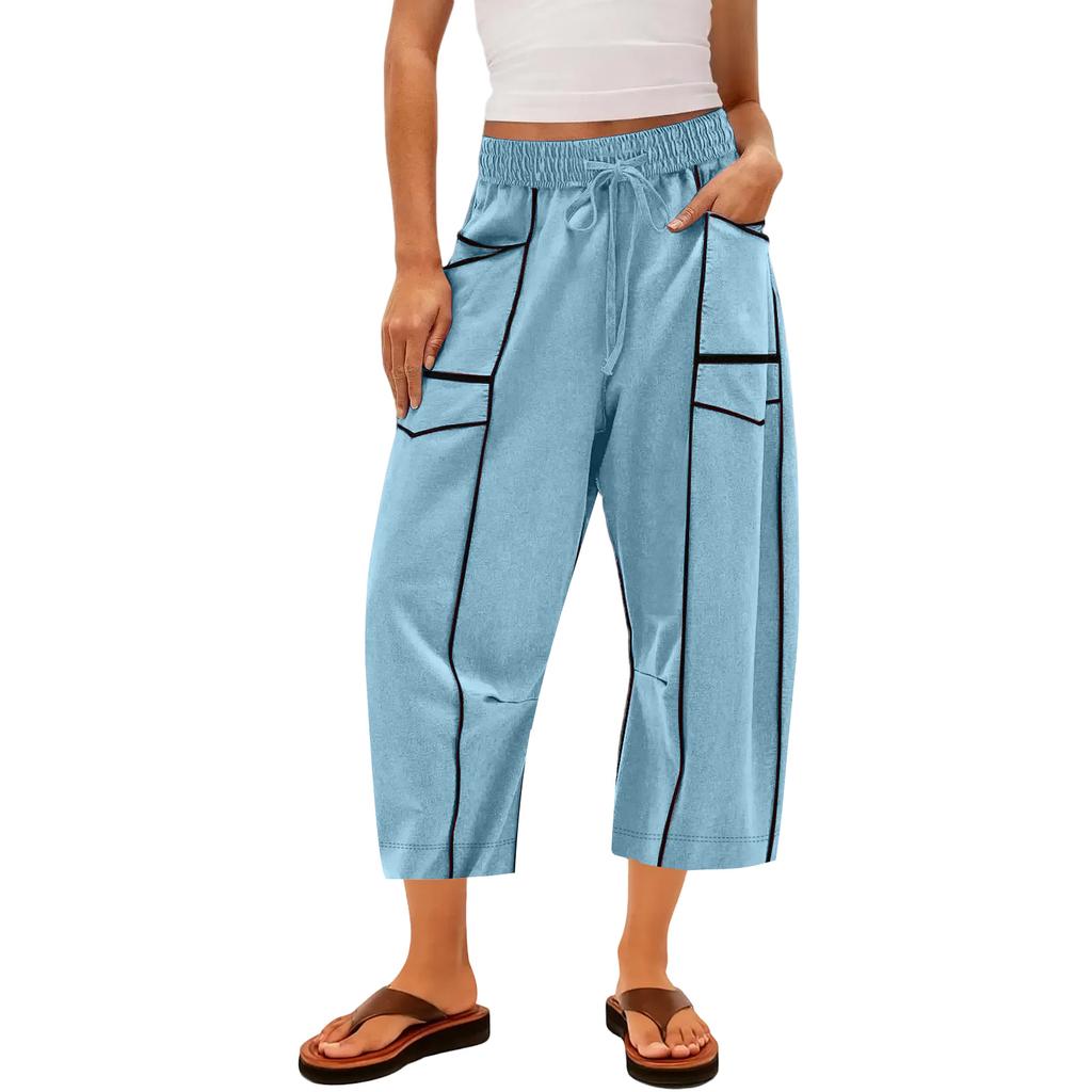 Ladies' Wide Leg Pants, High Waisted Straight Leg Pants, Spliced Pockets, Casual Cropped Pants