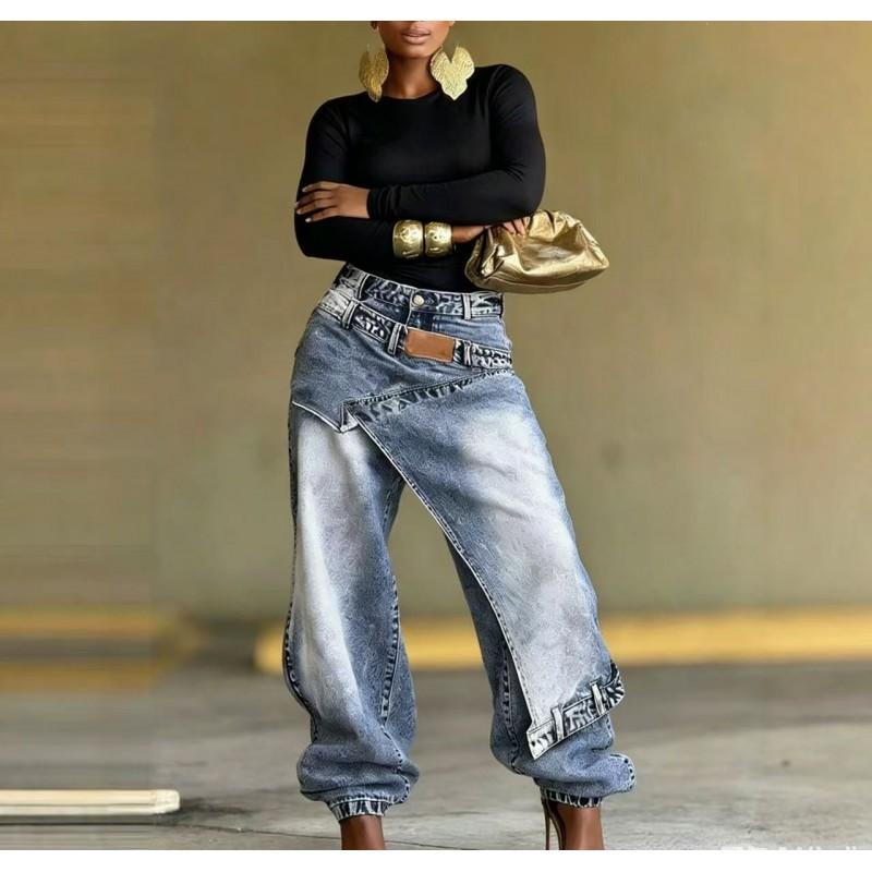 Womens Washed Denim Wide Leg Pants