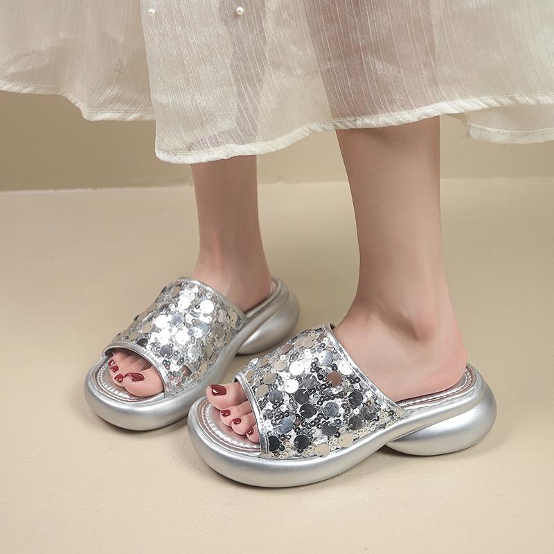 Soft Sole Boost Platform Slippers Summer Fashion Outer Wear Round Toe Open Toe Sequin Platform Slip Sandals