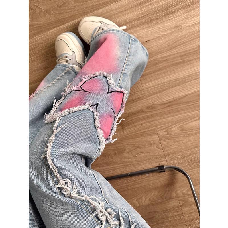Women's Plus Size Retro High-Waist Loose Fit Butterfly Patchwork Wide-Leg Jeans