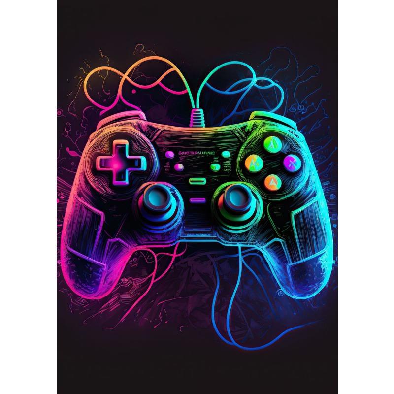 Cooles Gaming Wandbild Leinwandgemälde, Bunter Gamer Controller, Neon Pop Poster und Druck, E-Sports Raumdeko, Geschenk, Ohne Lichter