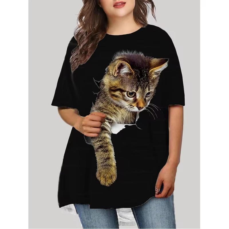 Women's T-Shirts Spring Clothing Cat Graphic O-Neck Short Sleeve Tops Streetwear Oversized Apparel Loose Ladies Tees