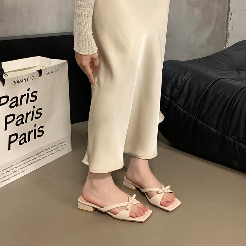 Satin bow sandals summer new silver with skirt thick heel sandals