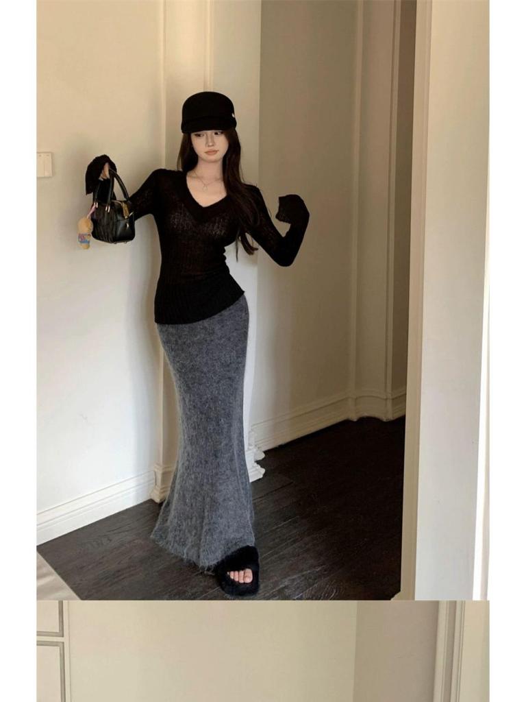 Pure Desire Vibe Sexy V-Ausschnitt Damen Strickoberteil mit ausgestellten Ärmeln - Herbst Winter Y2K Stil Pullover