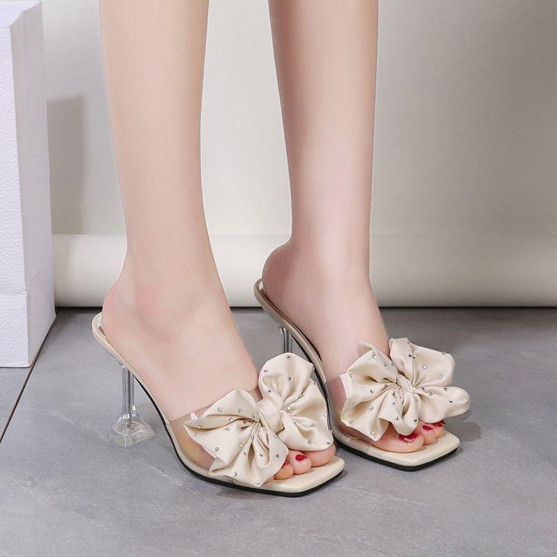 Shoes Black with Bow Rhenstone Sexy Women's Slippers and Ladies Sandals Heel Slides New Collection Unique Small Size Easy Wears