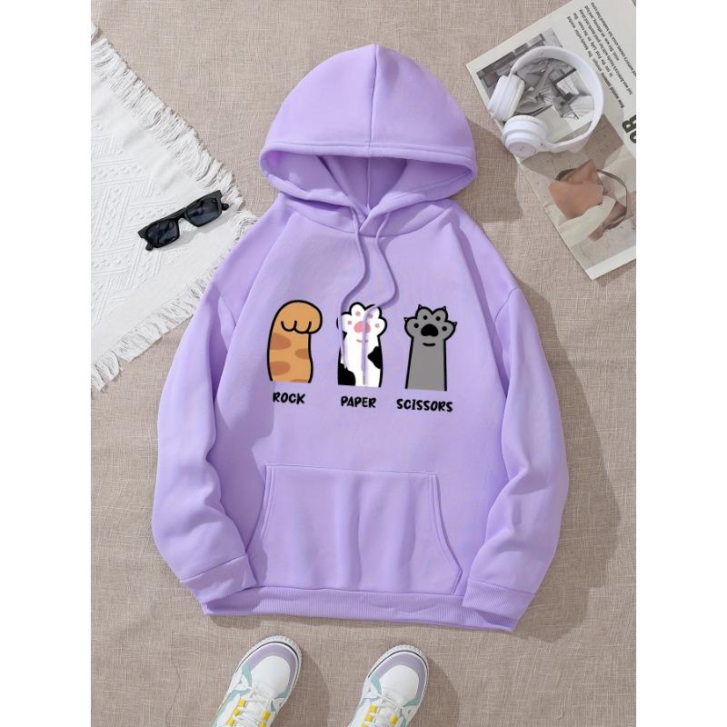 Three Cat Paws Graphic Print Hoodie, Drawstring Casual Hooded Sweatshirt for Winter & Fall, Women's Clothing