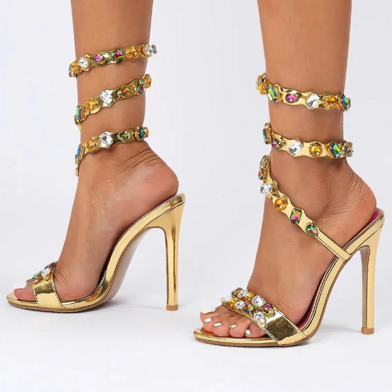 Summer Women's High-heeled Sandals Snake-shaped Winding Sandals Stiletto Open-toed Colorful Rhinestone Strappy High Heels
