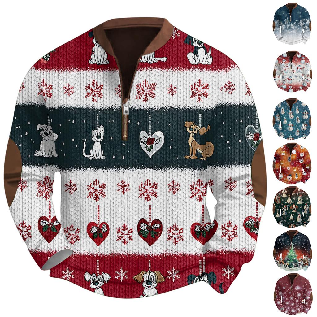 Mens Christmas Sweater Zip Up Sweatshirts Vintage Knit Graphic Sweatshirt Xmas Stand Collar Pullover