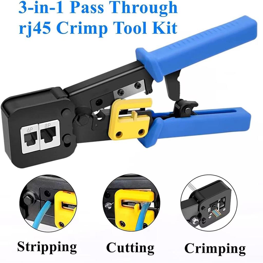 Gaobige rj45 Crimping Tool for Cat6 Cat5e Cat5, Sturdy Crimper for rj45 rj12/11 Pass-Through Connectors with 50pcs rj45 Cat5e Pass-Through Connectors