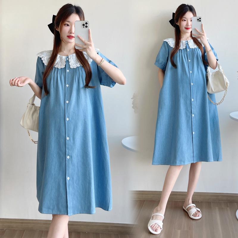 Summer Denim Maternity Dress with Doll Collar - Lightweight, Breastfeeding-Friendly Long Skirt
