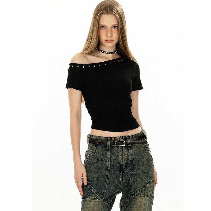 American Style Short Sleeve T-Shirt Women'S Slim Fit Shoulder Buckle Process Summer Sensation Black Color Fashionable Top