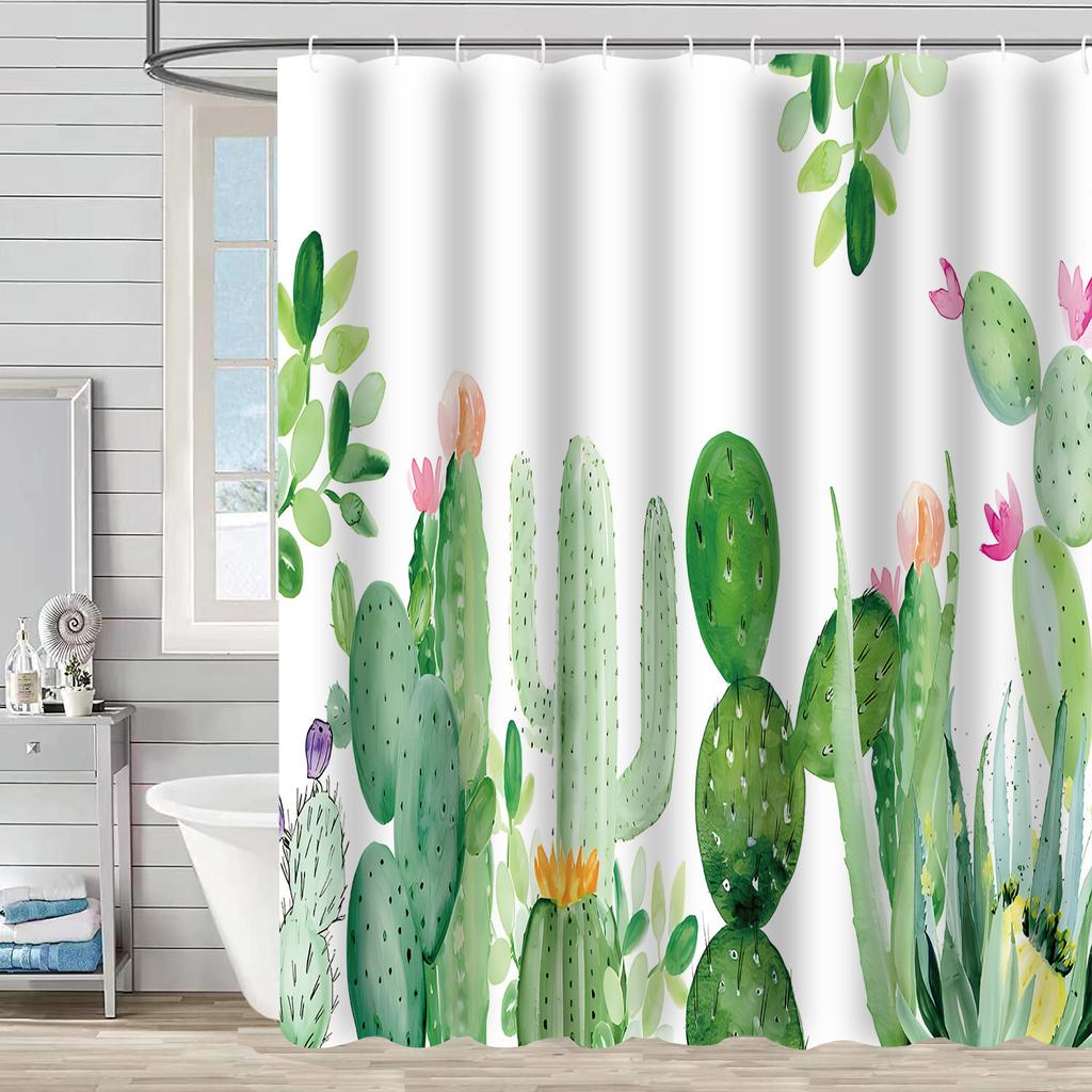 Shower Curtain Waterproof and Mildew-proof Digital Printing Cactus Bath Shower Curtain Bathroom Partition Curtain Free Punching