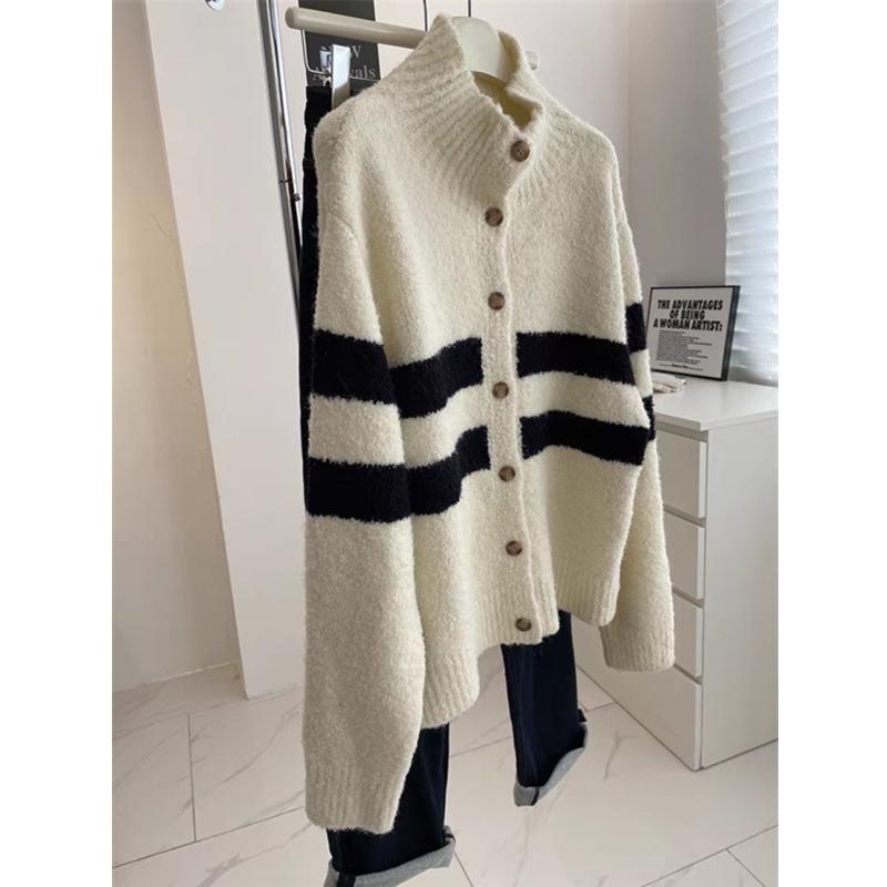 Fashion Turtleneck Striped Knitted Cardigan Women's Sweater Autumn and Winter Coat Loose Simple Casual Office Top Ladies Clothing