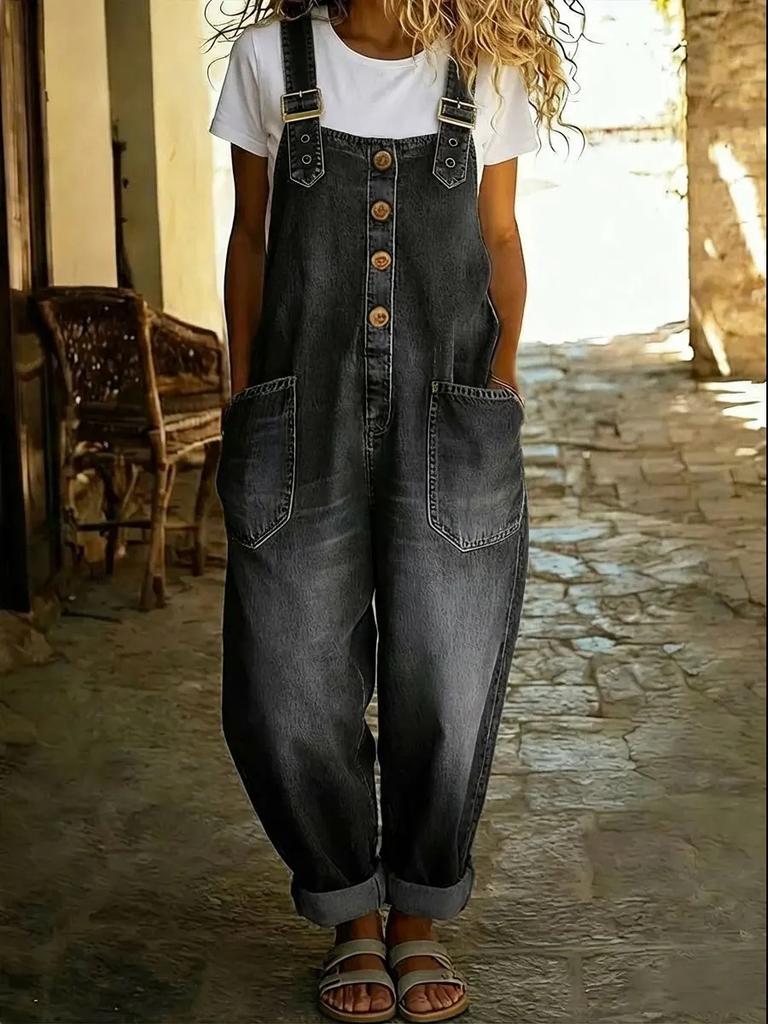 Dámské džínové montérky Volný střih Široké nohavice Bib kalhoty s předním zapínáním na knoflíky Nastavitelné ramínka Velké kapsy Vintage praní