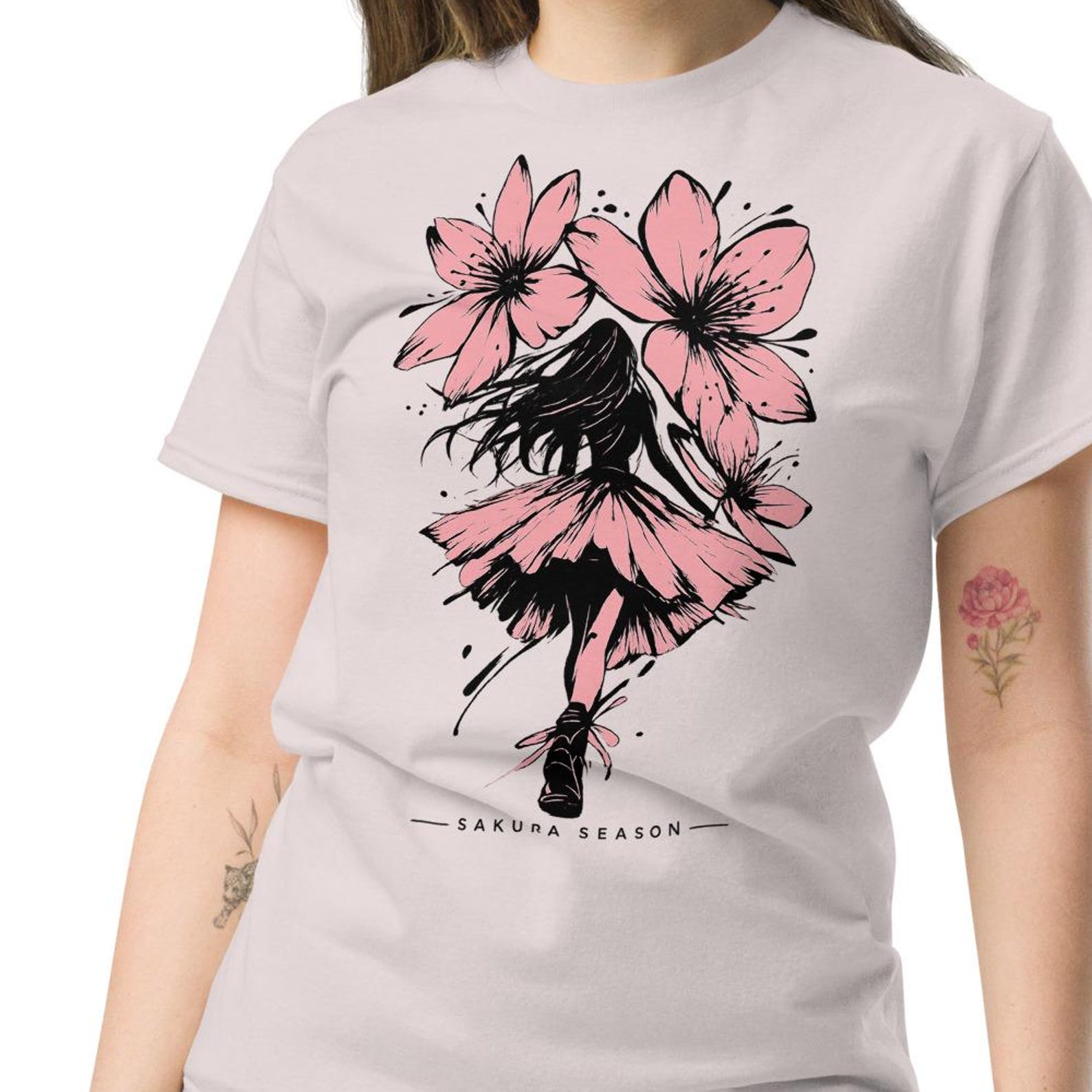 Sakura Season Cherry Blossom Graphic Tee, Japanese Streetwear Ballet Style Top S