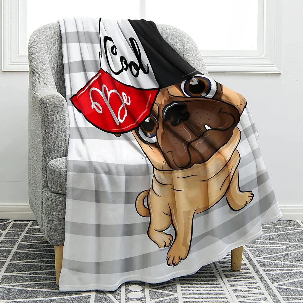 Cute Pet Pug Dog Print Blanket Soft Colorful Flannel Throw Blanket for Sofa Chair Bed Office Travelling Camping Lightweight