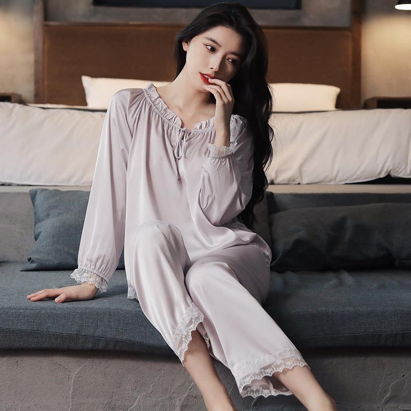 

Women’s Spring Summer Fall Ice Silk Satin Pajama Set French Princess Style Long Sleeve Top and Pants Sweet Loungewear XL фіолетовий