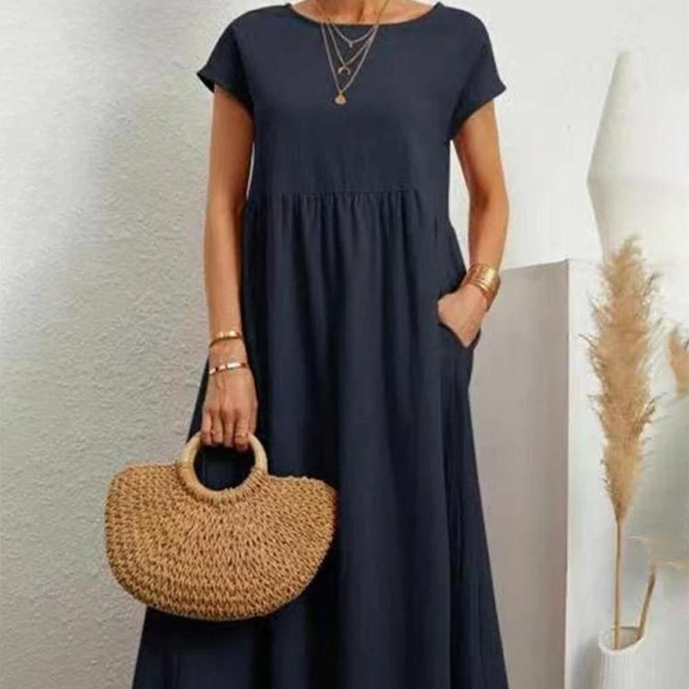 Women Elegant Solid Maxi Dress Summer Short Sleeve O Neck Vintage Harajuku Cotton Linen Loose Sundress Y2K Pockets Long Dress