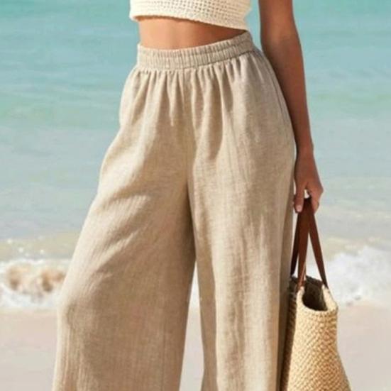 Women Trousers Elastic High Waist Straight Wide Leg Long Pants Pure Color Loose Fit Summer Casual Trousers Daily Wear