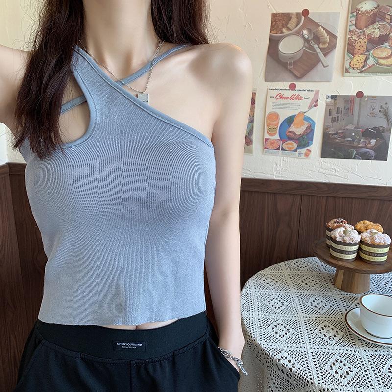 Summer New Fashion Girl Sexy Hollow Shoulder Cross-hanging Neck Slim Vest Careful Machine Irregular Sling