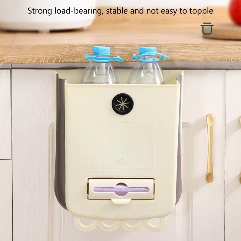 Wall-Hanging Folding Trash Container with Plastic Body for Kitchen Cleanup, Laundry Rooms, Dorms, and Office Use