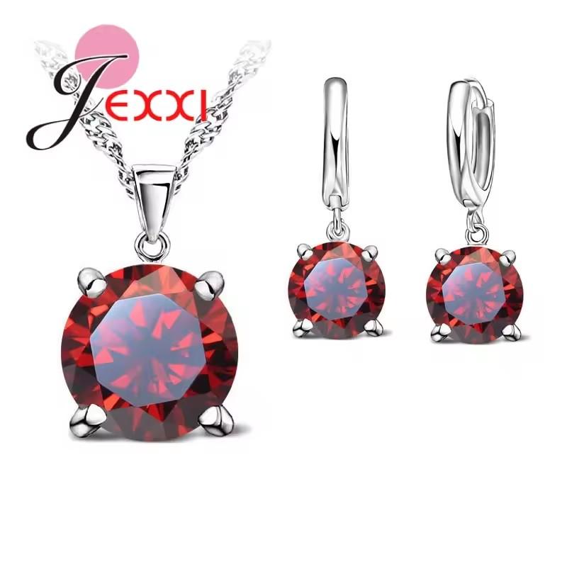 Solid 925 Sterling Silver Jewelry Sets 4 Claws Cubic Zirconia Pendant Necklace Earring Fashion Jewelry For Women SET