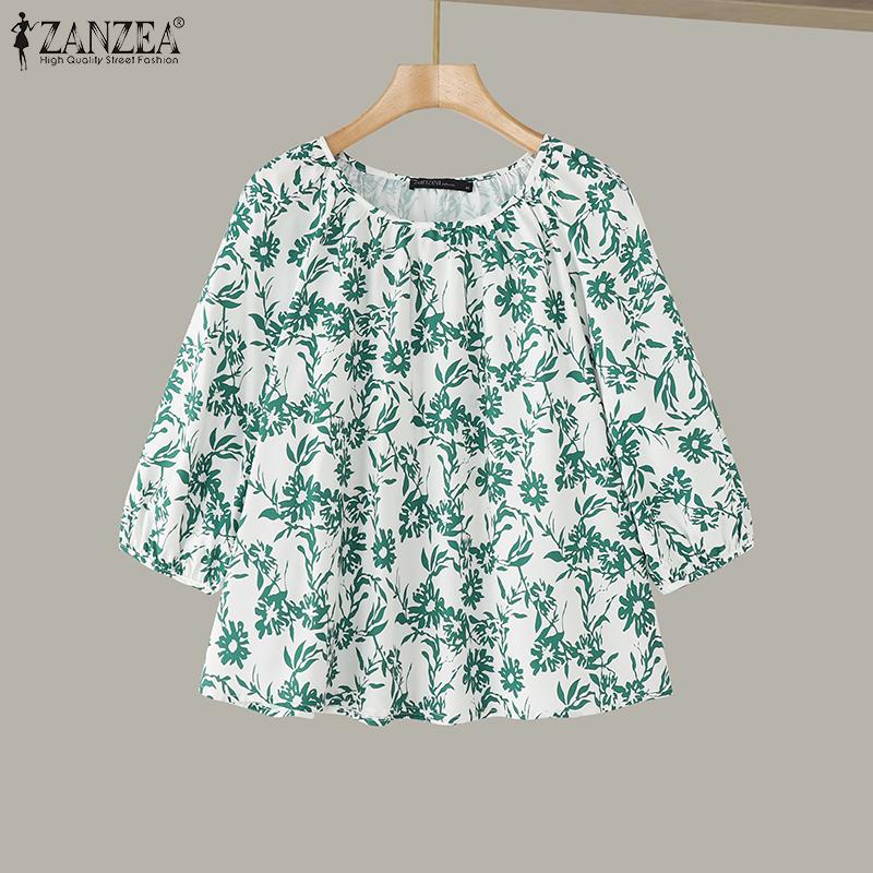ZANZEA Women Summer Floral Print U Neck Lantern 3/4 Sleeve Blouses