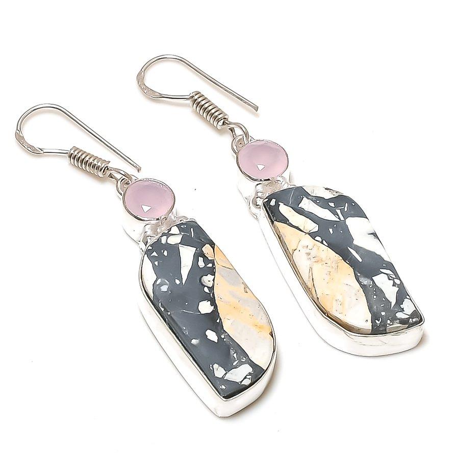 

Этнические ювелирные серьги ручной работы с яшмой Малинга, халцедоном, 2,09 дюйма, SR-2057