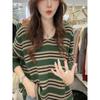 Women's V-neck Striped Knitted Shirt with Contrast Splicing and Fashionable Western Style Bottom Coat
