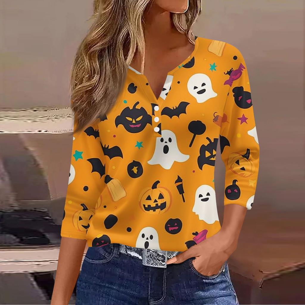 Women's Casual Fashion V-neck Loose Versatile Halloween Print Three-quarter Sleeve Top