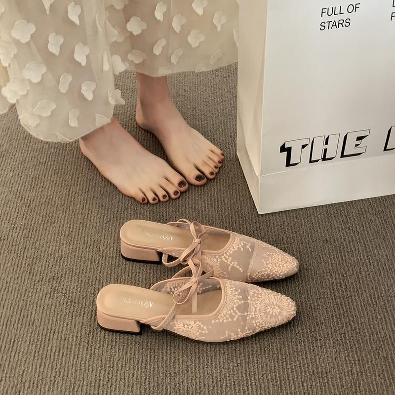 Fashion Shoes Woman 2025 Female Slippers Mules Sexy Butterfly-Knot Cover Toe Square Heel New Block Summer Slides Butterfly-knot Shoes Sq