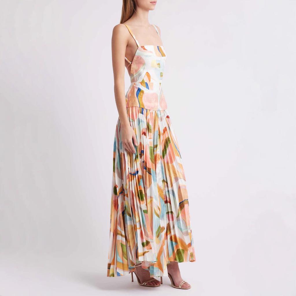 Women Summer Strap Backless Bandage Printed One Piece Dress