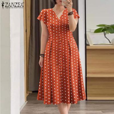 Vestido casual feminino com decote em V e manga curta com estampa de bolinhas