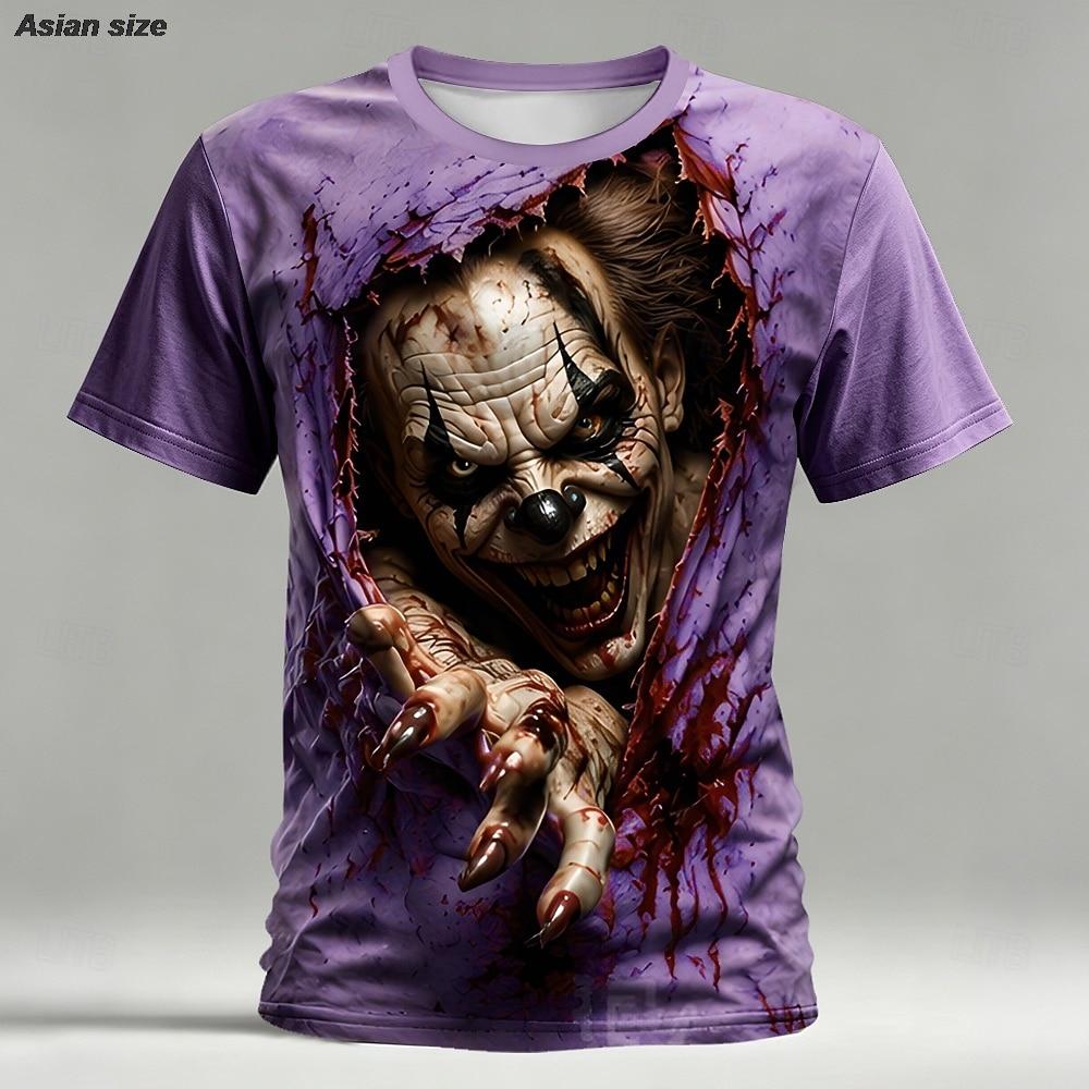 Halloween Męska Koszulka 3D z Iluzją Optyczną Straszny Klaun Krótki Rękaw Okrągły Dekolt Koszulka Horror Klub Impreza Streetwear