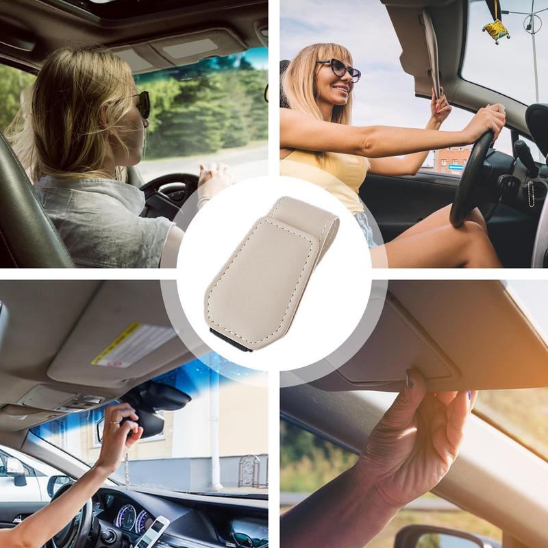 Car Sunglasses Holder Leather Eyeglasses Hanger Sun Visor Glasses Clip Portable Ticket Card Clip Practical Interior Accessories