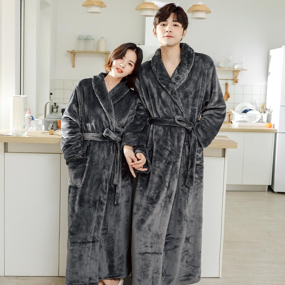 Winter Couple's Thick Flannel Robe - Warm Coral Fleece Long Bathrobe for Men and Women