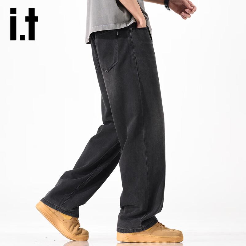 izzue it Men's Washed Black Loose Straight Denim Shorts