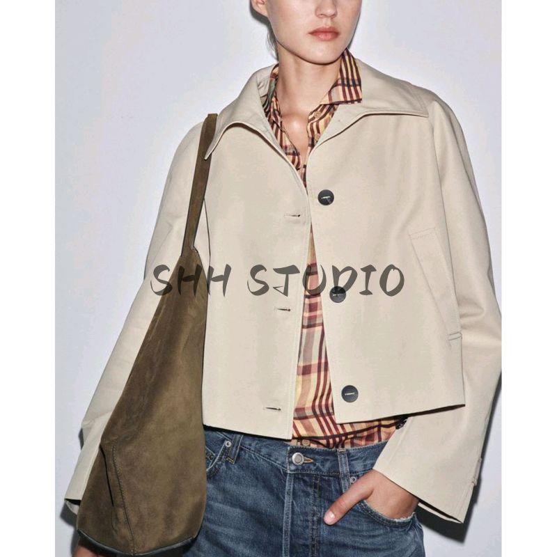 Autumn New Women clothes French style Minimalist Cotton Single-Breasted Turtleneck Long sleeve Short Trench coat 3833245