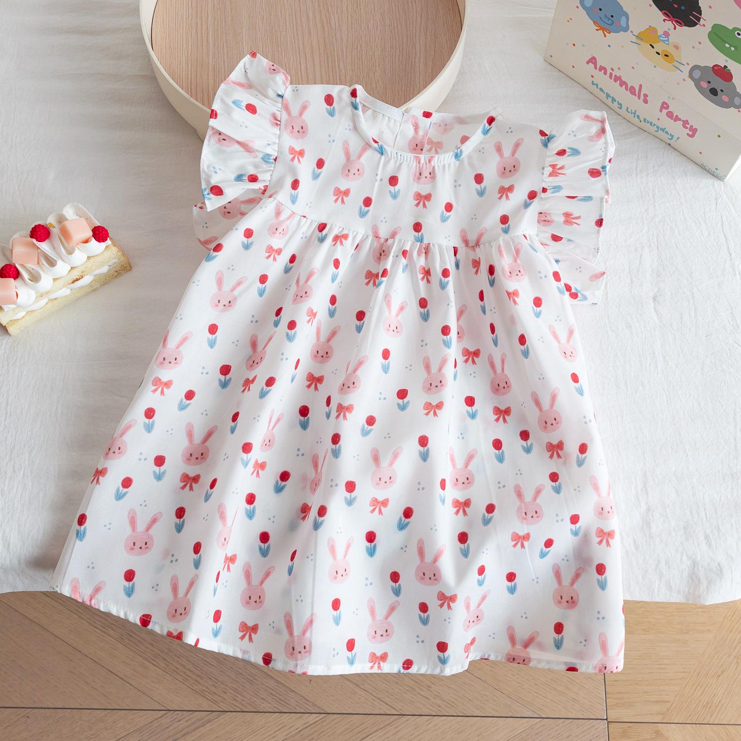 Girls Summer Cartoon Print Princess Dress Cute Stylish Flutter Sleeve Baby Girl Party Dress Casual Sundress 80cm белый