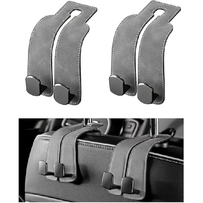 2 PCS Car Seat Headrest Hook, Back Seat Hanger with Double Flexible Leather Hooks, Soft Leather Double Headrest Metal Hooks Purse Handbag Organizer,