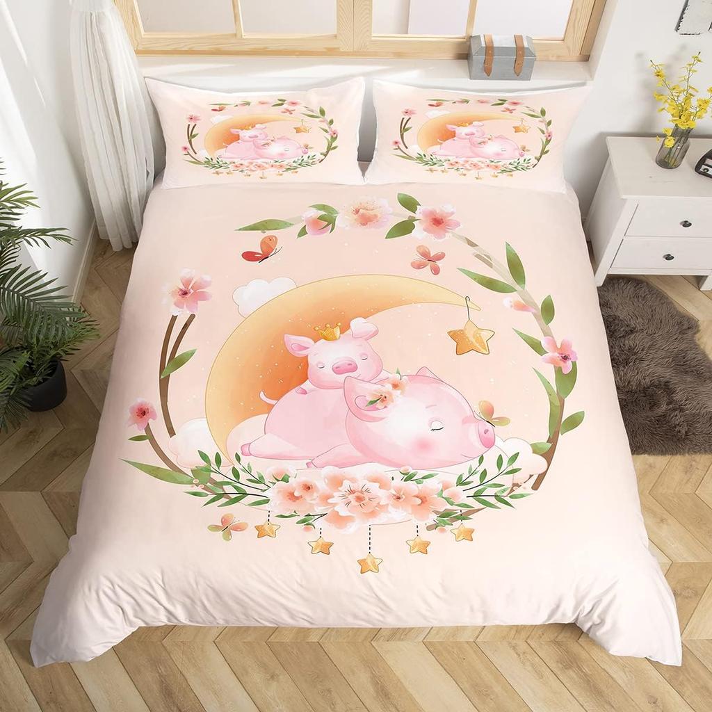 Pink Pig Duvet Cover For Girls Kawaii Room Decor Twin, Rose Floral Leaves Comforter Cover Cute Farm Animal Cartoon Bedding Set