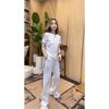 Women Striped Tracksuit 2 Piece Outfit V Neck Short Sleeve Top Wide Leg Pants Set Casual Loose Sport Suit Middle Age Mom Daily Wear