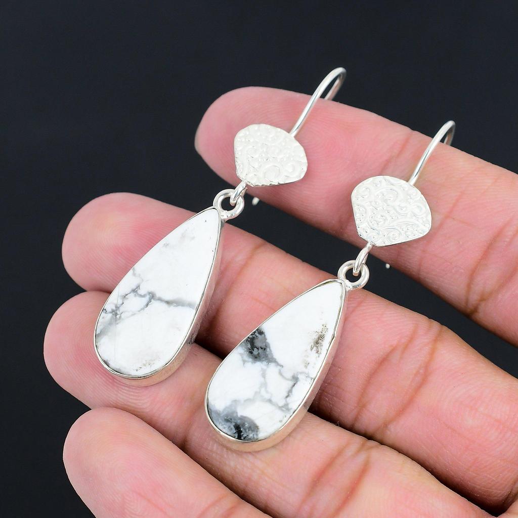 Birthday Gift For Her Natural Howlite Gemstone Drop/Dangle Earrings 925 Silver