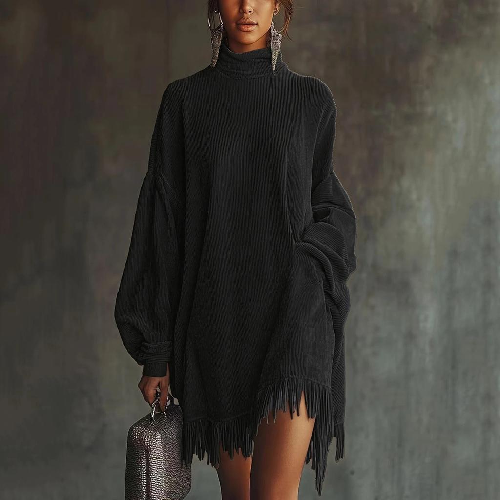Women's Turtleneck Fringe Minied Dress, Ribbed Corduroy Dress, Casual Loose Color Pocket Dress