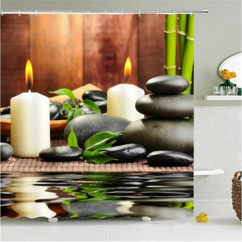 Zen Green Bamboo Shower Curtains Stone Buddha Lotus Candle Asian Japanese Spa Garden Scenery Bath Curtain Fabric Bathroom Decor