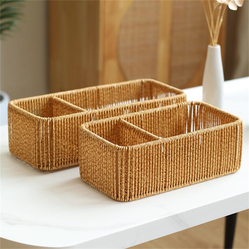 Sturdy Handwoven Storage Box Divided Sections Living Room Desktop Organization